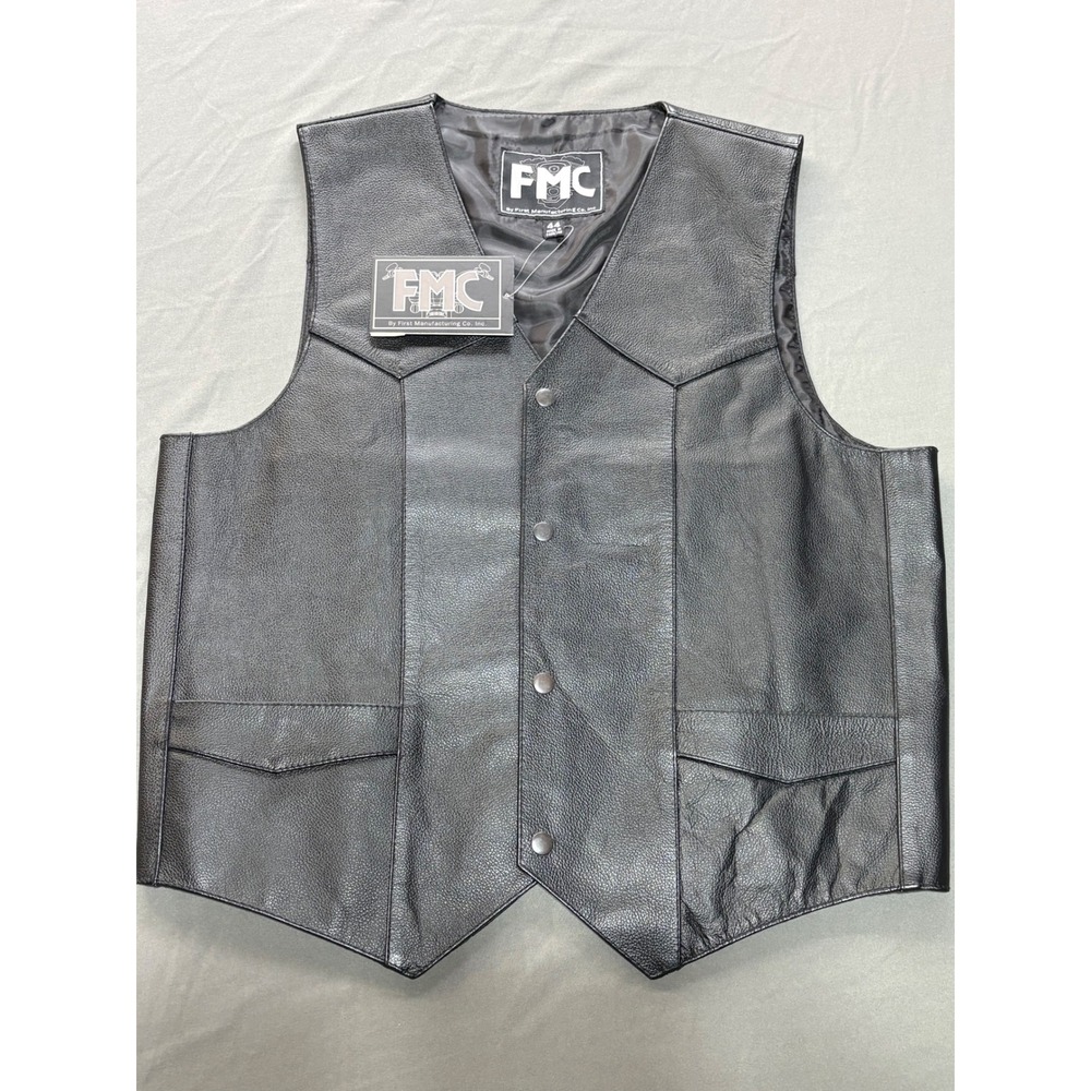FMC First Manufacturing Co Mens Black Leather Biker Motorcycle Vest Size 44 NWT